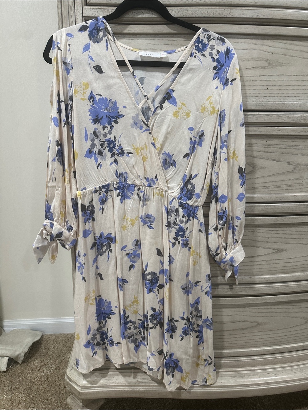 Lush Cream Mini Dress with Blue and Gray Floral Print